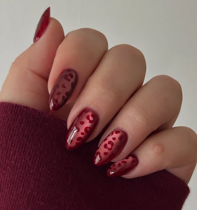 Deep Burgundy Subtle Leopard Print Medium Almond Nails — Classy Animal Print Nails