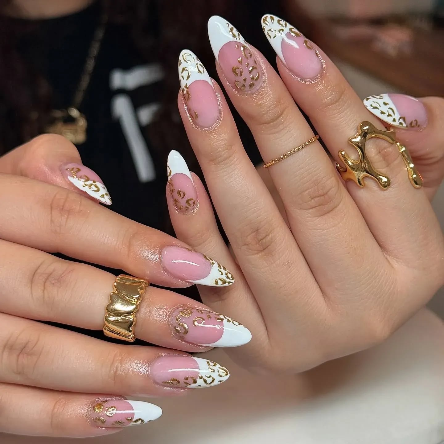 Gold Leopard Accent French Tip Long Almond Nails — Classy Animal Print Nails