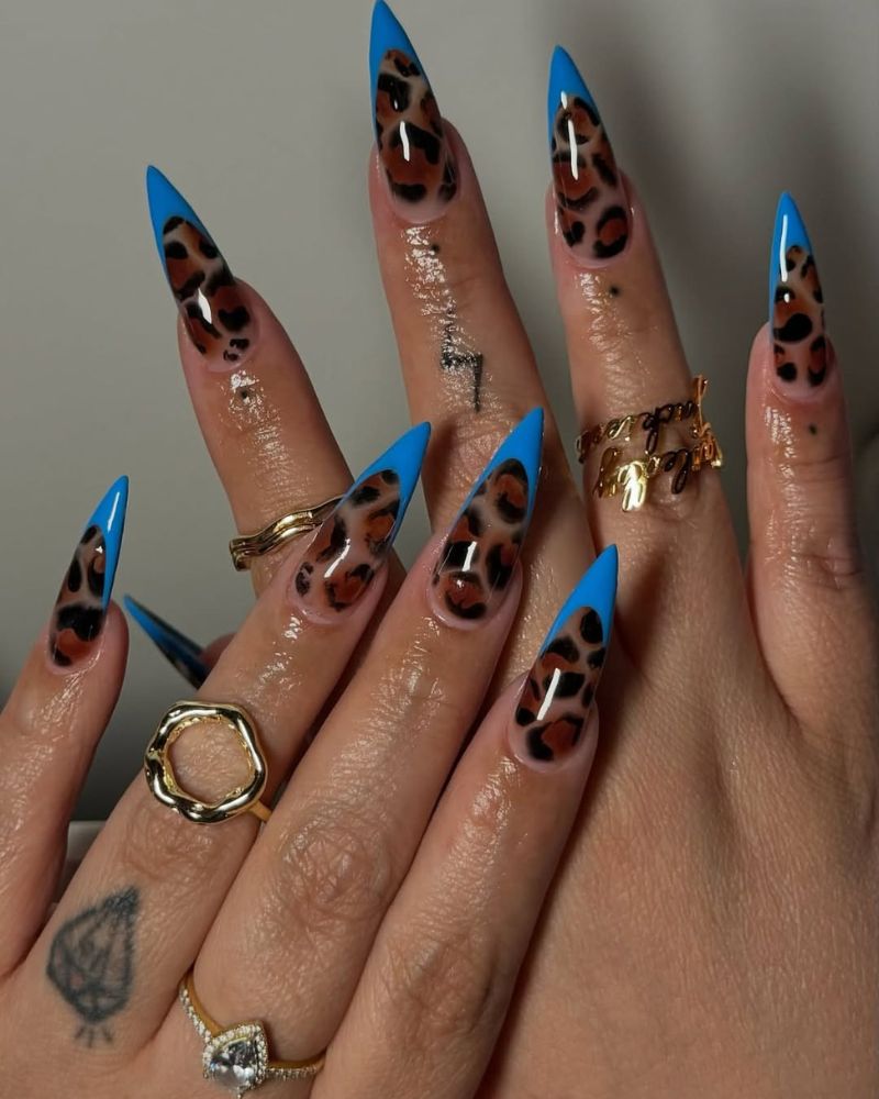 Blue Tip Leopard Print Long Stiletto Nails — Classy Animal Print Nails