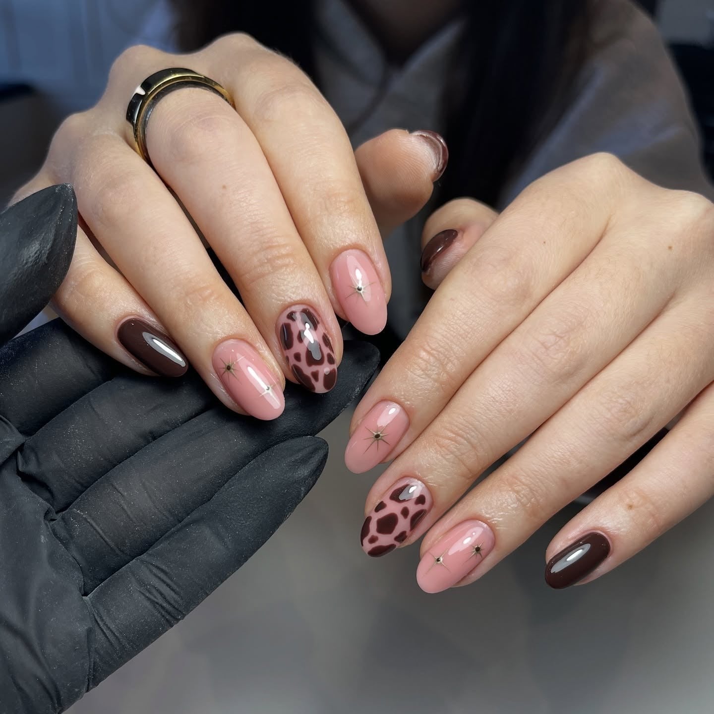 Cow Print and Star Accent Short Oval Nails — Classy Animal Print Nails