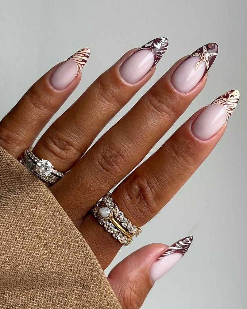 Brown and White Animal Print French Tip Almond Nails — Classy Animal Print Nails