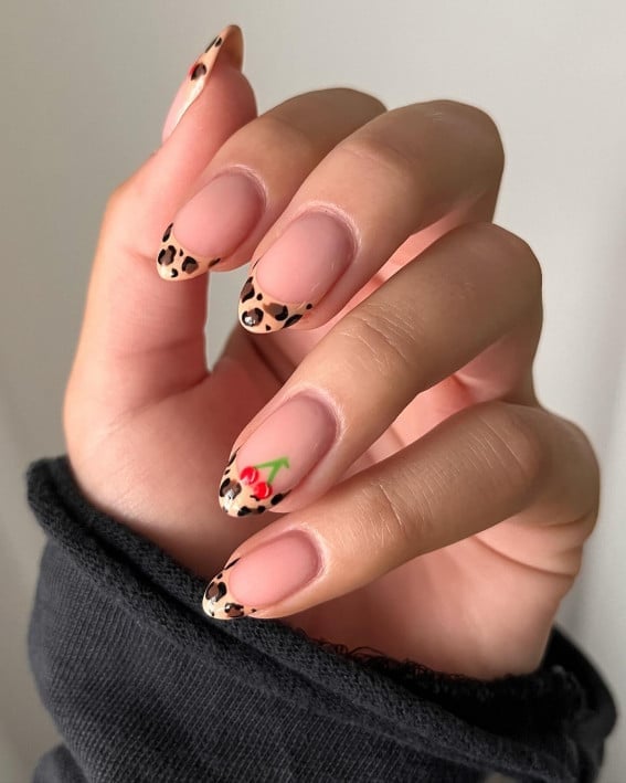 Cherry Accent Leopard French Tip Long Almond Nails, Close-Up Take — Classy Animal Print Nails