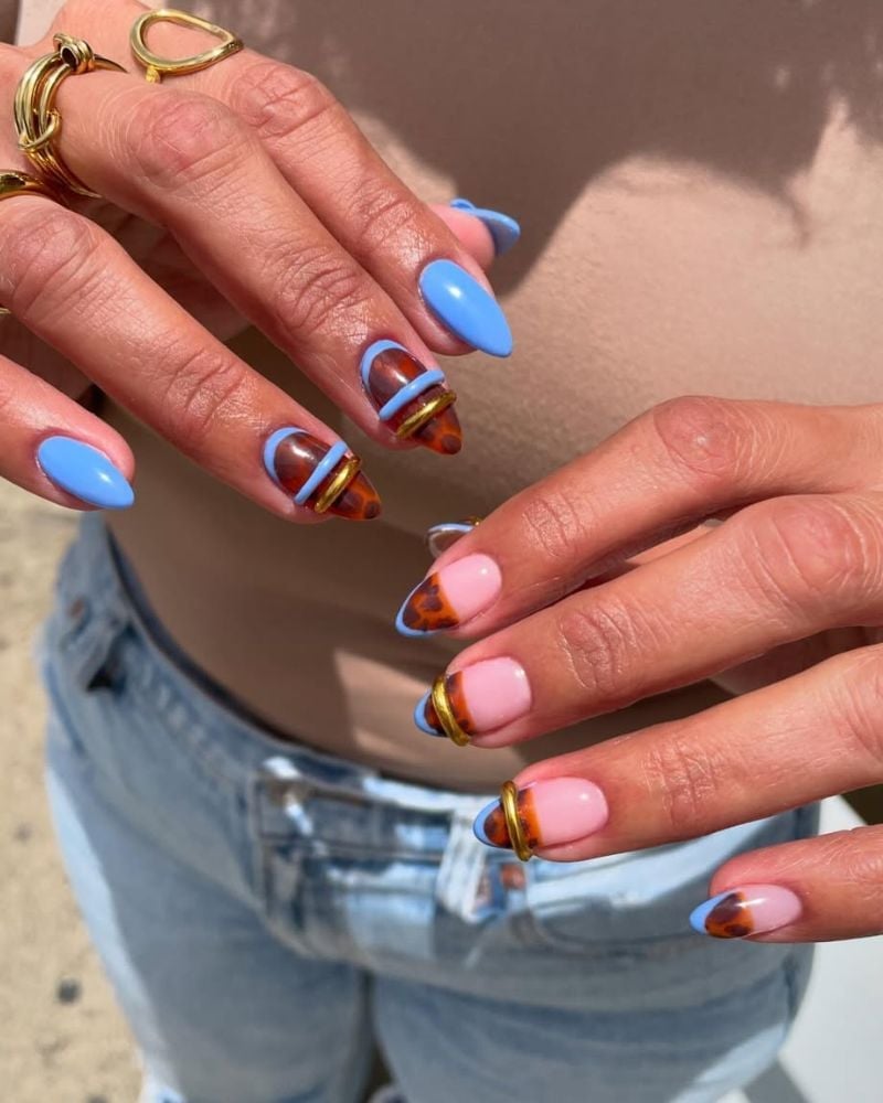 Tortoiseshell and Gold Ring Medium Almond Nails — Classy Animal Print Nails