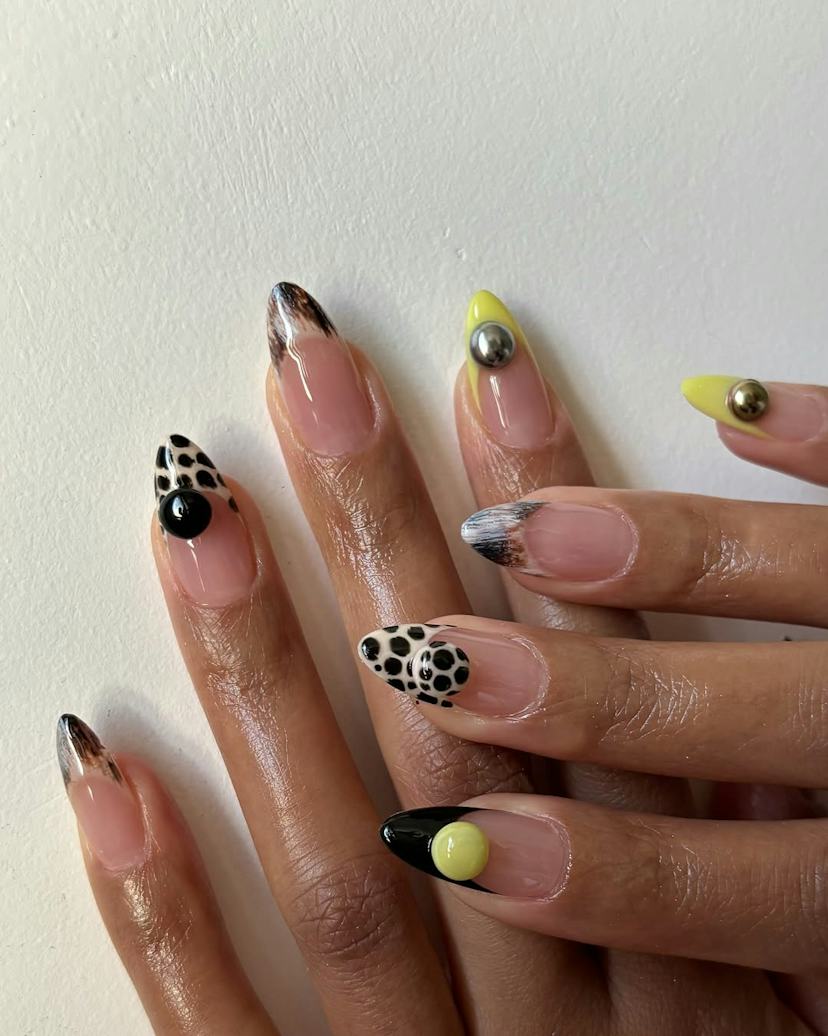 Abstract Spots and Spheres Long Almond Nails — Classy Animal Print Nails