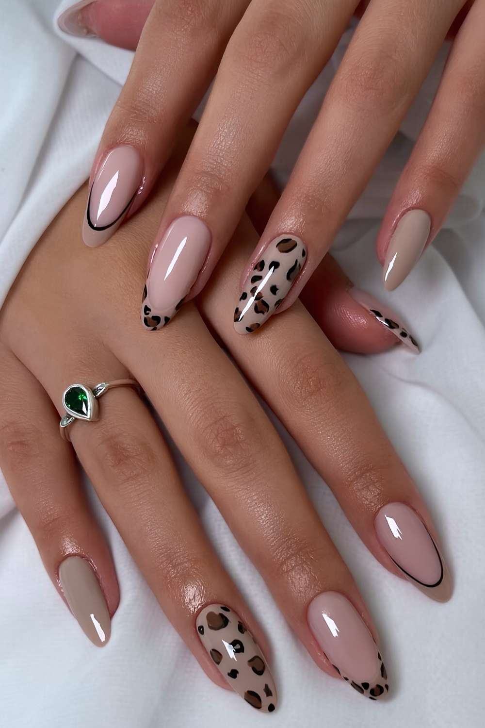 Nude Base Leopard Print French Accent Almond Nails — Classy Animal Print Nails