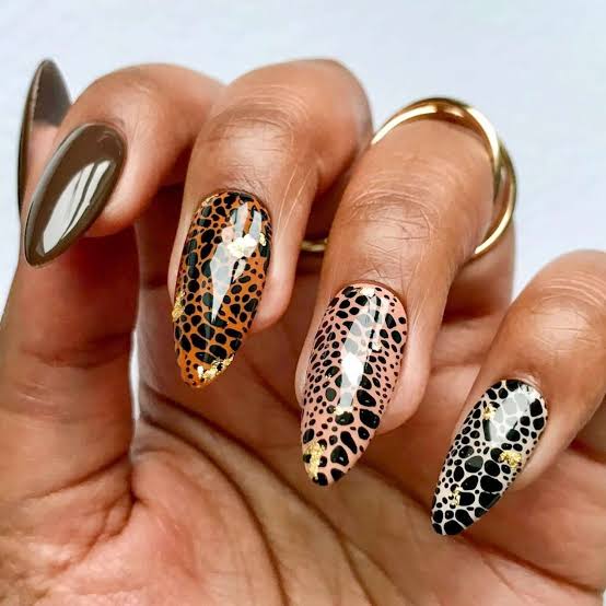 Leopard Print with Gold Foil Medium Almond Nails — Classy Animal Print Nails
