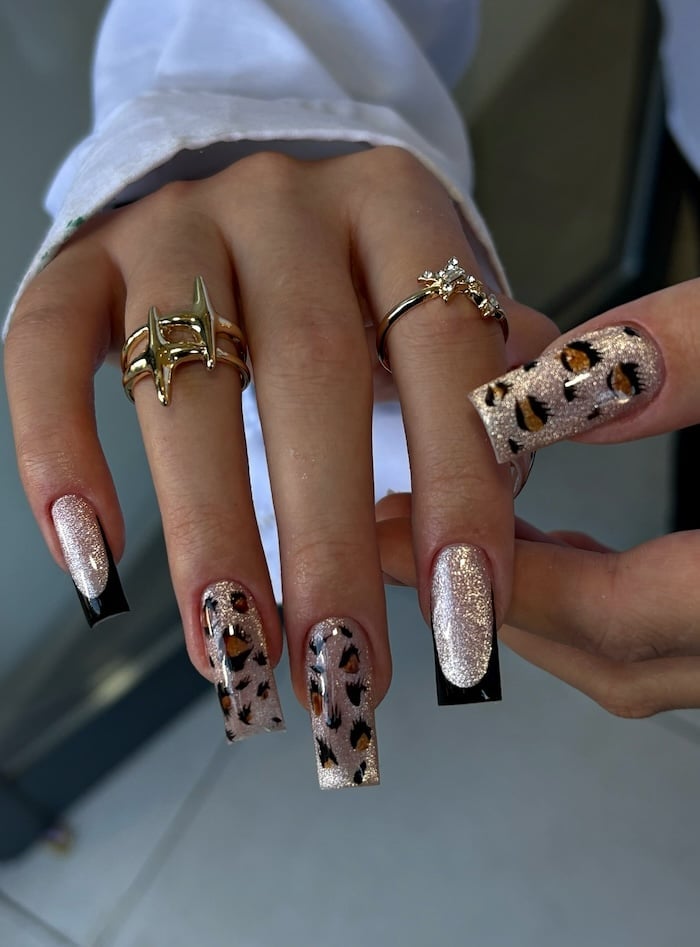 Glitter and Leopard Print Long Square Nails — Classy Animal Print Nails