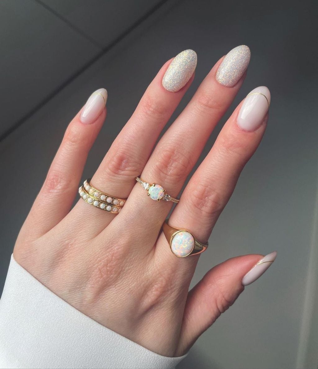 Milky White Shimmer with Gold Lines Almond Nails Milky White Shimmer with Gold Lines Almond Nails — Classy Anniversary Nails