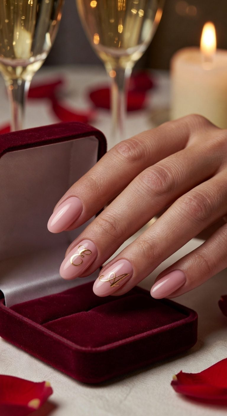 Milky Pink Oval Nails with Gold Initials Milky Pink Oval Nails with Gold Initials — Classy Anniversary Nails