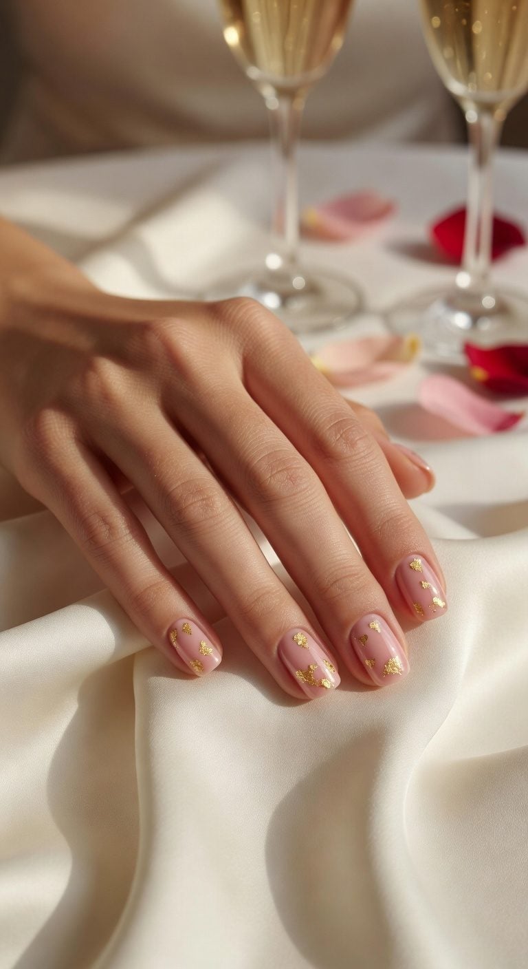 Sheer Pink Medium Oval Gold Foil Nails Sheer Pink Medium Oval Gold Foil Nails — Classy Anniversary Nails