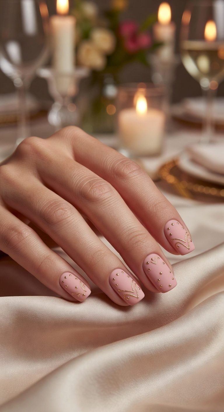 Matte Dusty Rose Square Nails with Gold Art Matte Dusty Rose Square Nails with Gold Art — Classy Anniversary Nails
