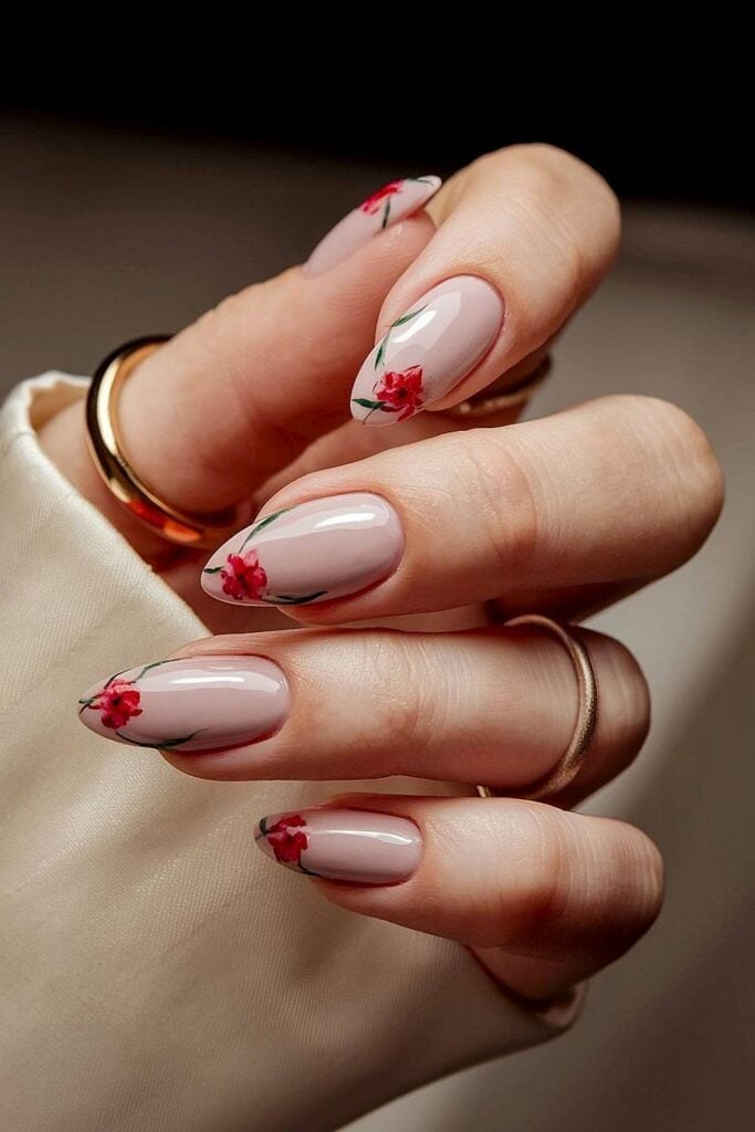 Medium Almond Nude Floral Art Nails Medium Almond Nude Floral Art Nails — Classy Anniversary Nails