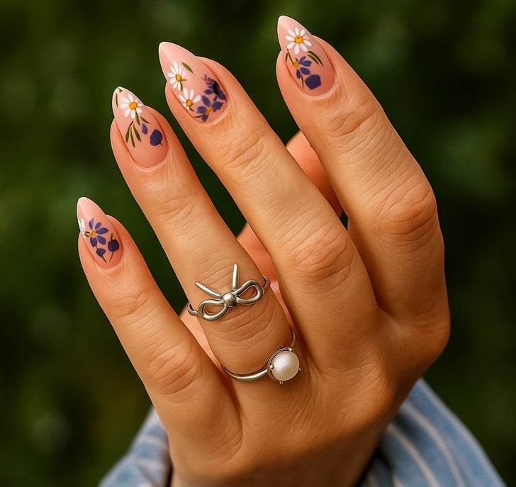 Medium Almond Pink Floral Motif Nails Medium Almond Pink Floral Motif Nails — Classy Anniversary Nails