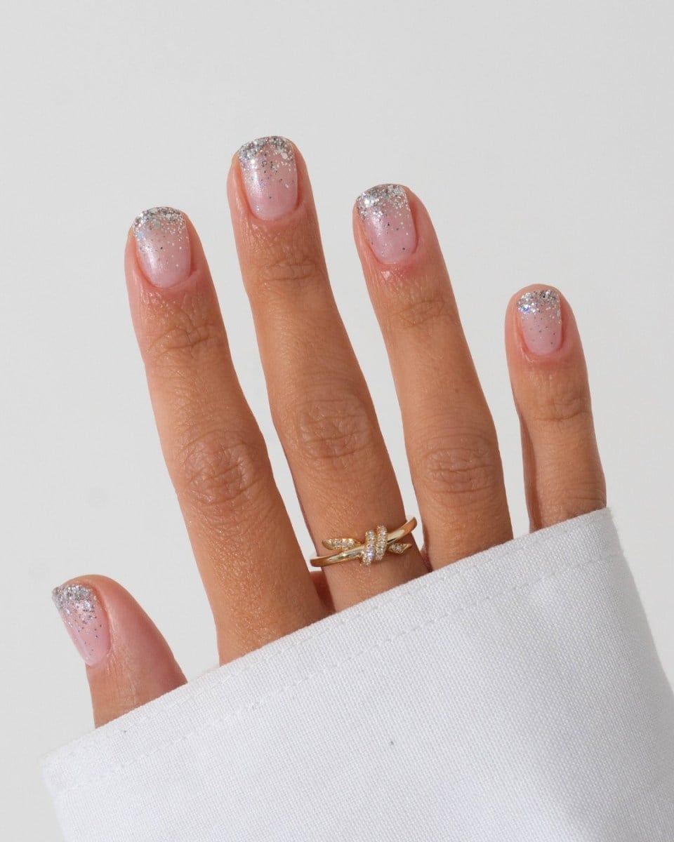 Short Almond Nude Silver Glitter Tip Nails Short Almond Nude Silver Glitter Tip Nails — Classy Anniversary Nails