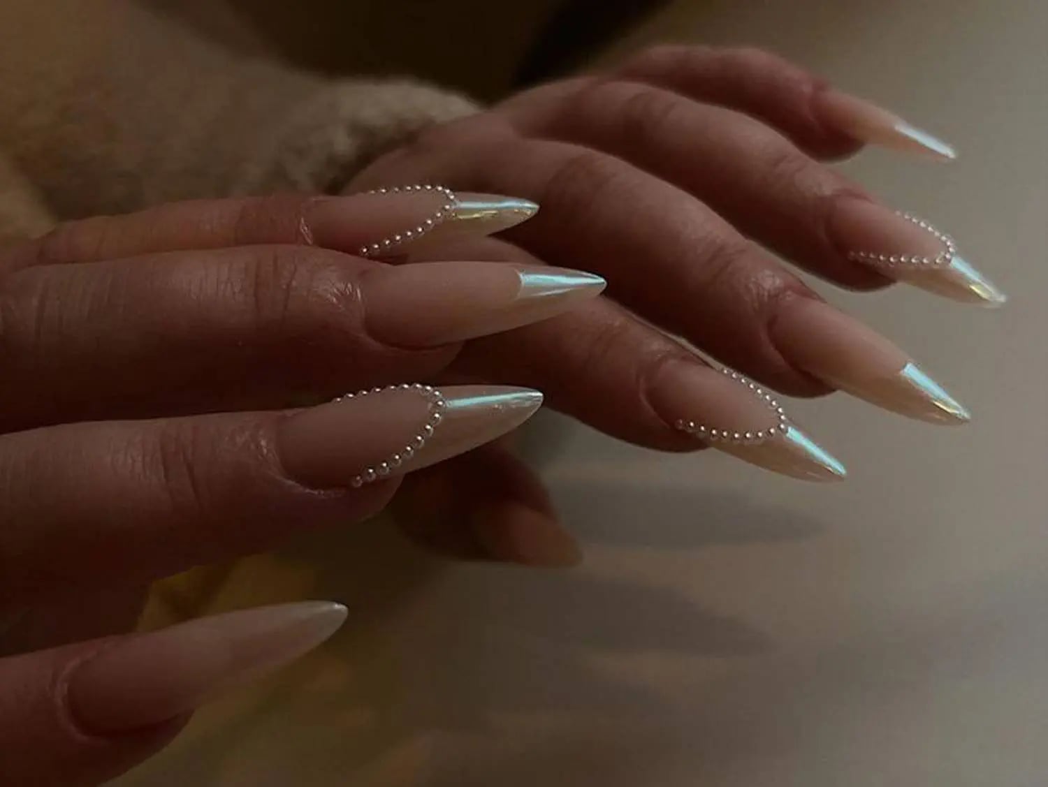 Long Almond Pearlescent Chrome Tip Pearl Beads Long Almond Pearlescent Chrome Tip Pearl Beads — Classy Anniversary Nails