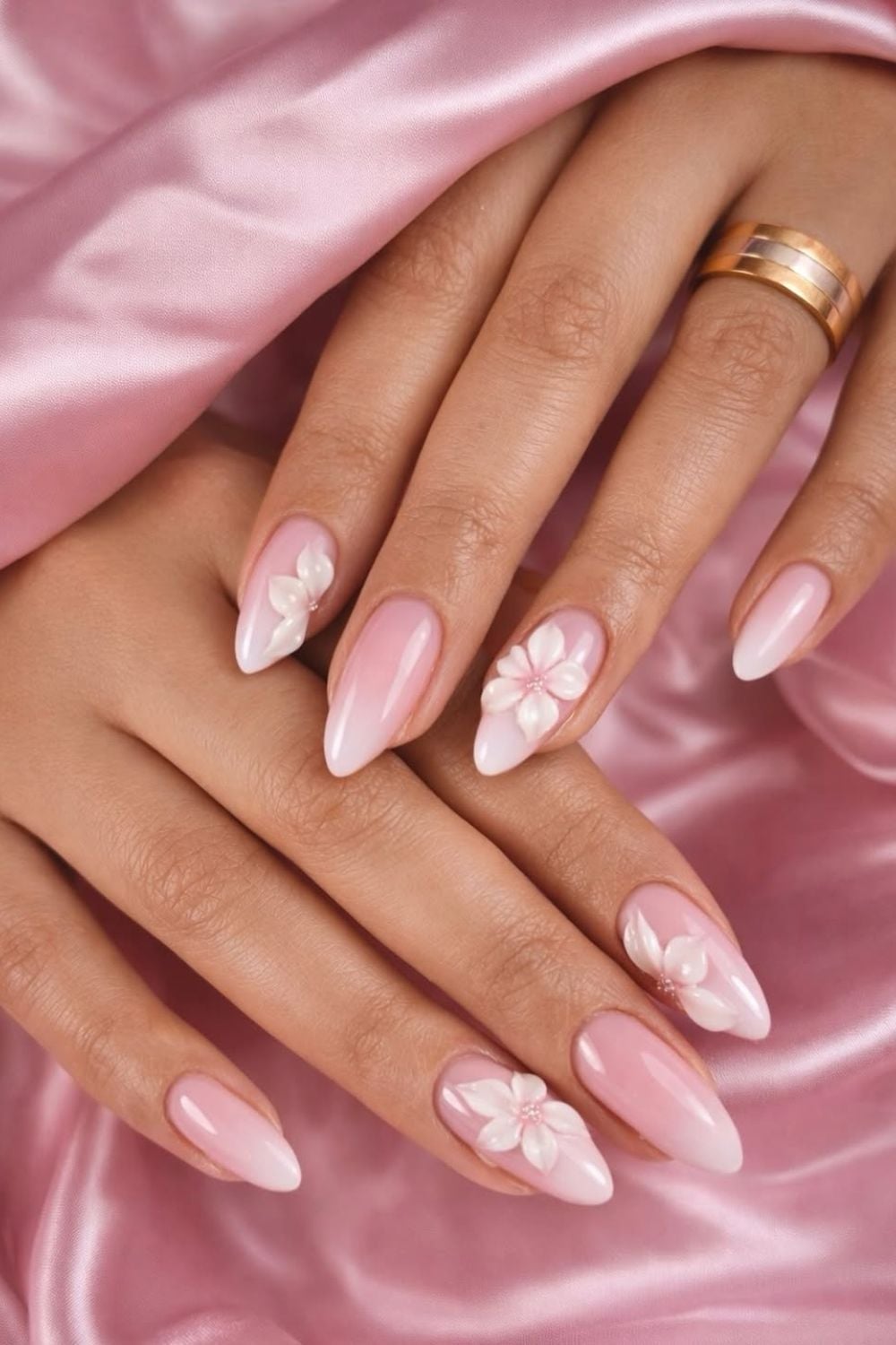 Long Sharp Almond Pink Ombre 3D Flowers Long Sharp Almond Pink Ombre 3D Flowers — Classy Anniversary Nails