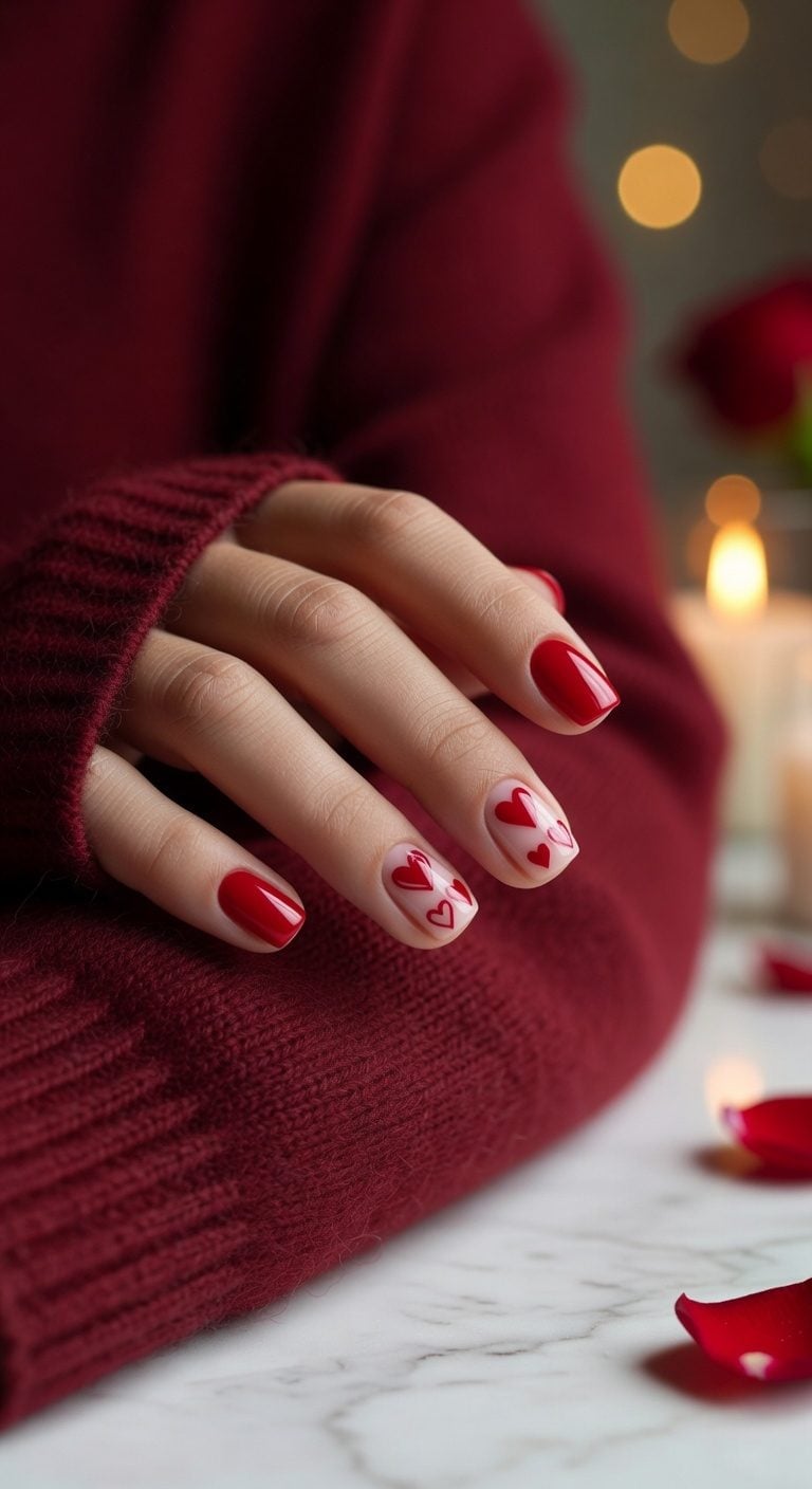 Short Square Nude Red Heart Nails Short Square Nude Red Heart Nails — Classy Anniversary Nails