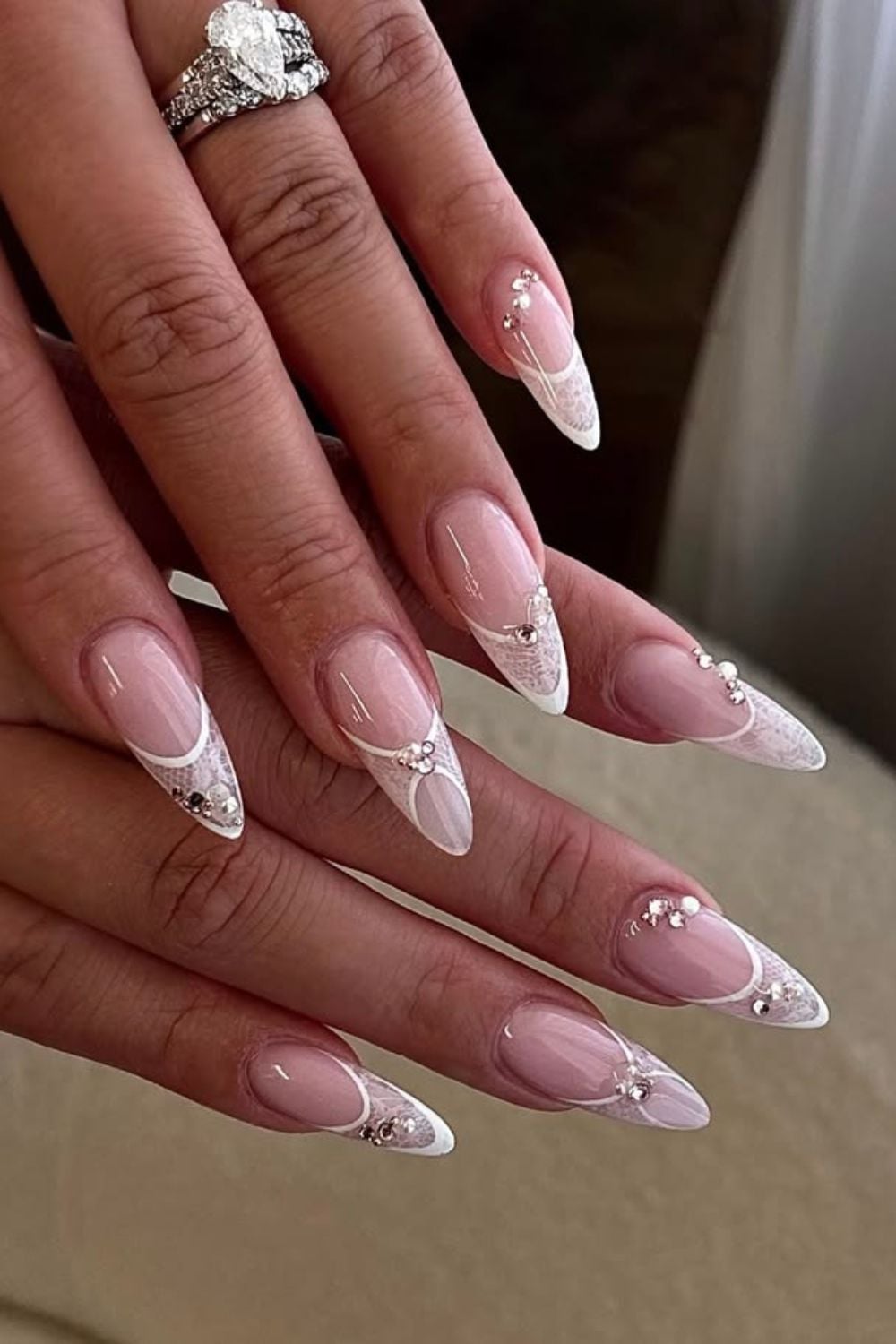 Very Long Stiletto Lace Rhinestone French Nails Very Long Stiletto Lace Rhinestone French Nails — Classy Anniversary Nails