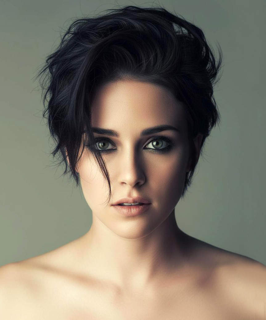 Voluminous Wavy Dark Brown Pixie, Ear Voluminous Wavy Dark Brown Pixie, Ear — Classy Asymmetrical Pixie
