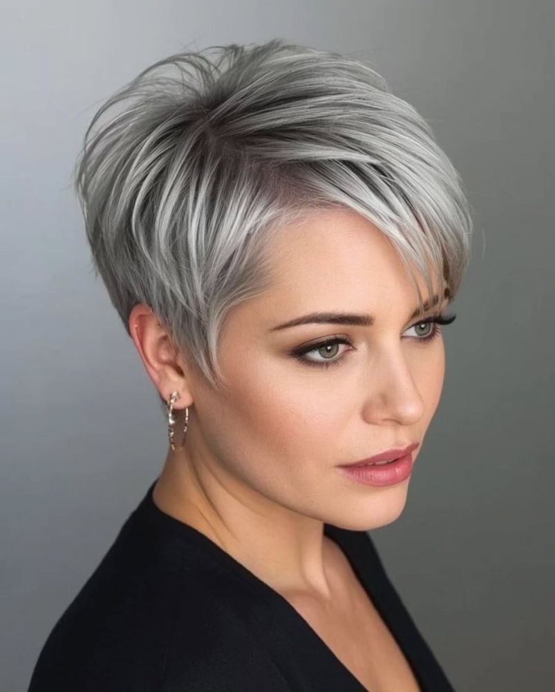 Silver Pixie With Dark Roots and Blowout Silver Pixie With Dark Roots and Blowout — Classy Asymmetrical Pixie