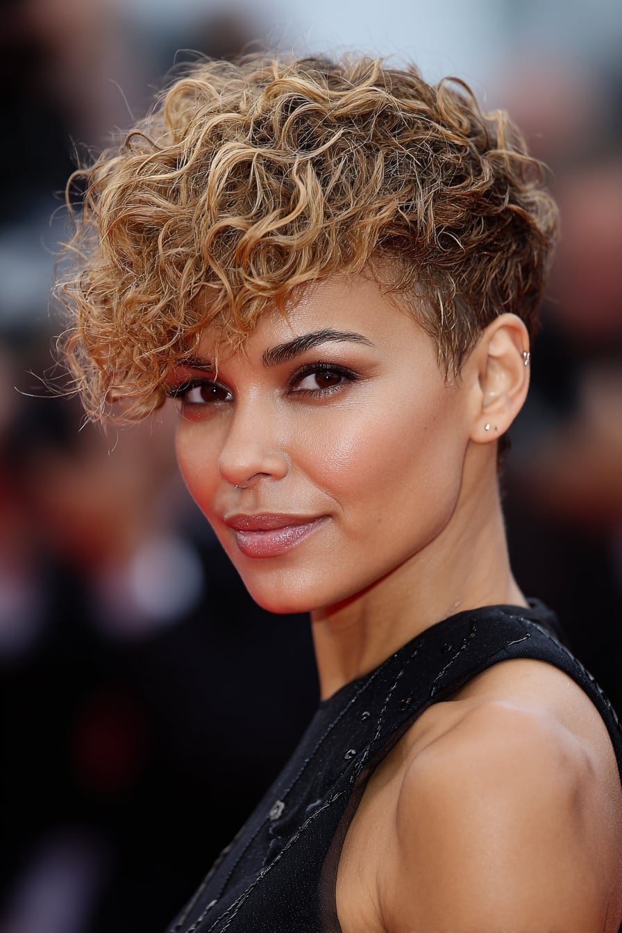 Curly Asymmetrical Pixie With Honey Blonde Highlights Curly Asymmetrical Pixie With Honey Blonde Highlights — Classy Asymmetrical Pixie