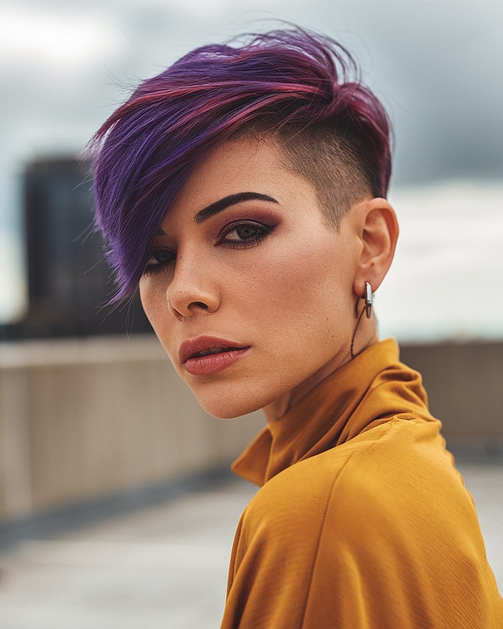 Dark Pixie With Purple and Pink Highlights Dark Pixie With Purple and Pink Highlights — Classy Asymmetrical Pixie