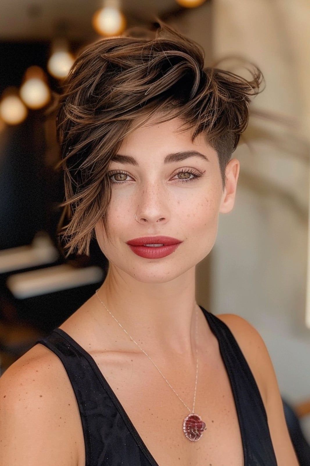 Dark Brown Pixie With Blonde Highlights Dark Brown Pixie With Blonde Highlights — Classy Asymmetrical Pixie