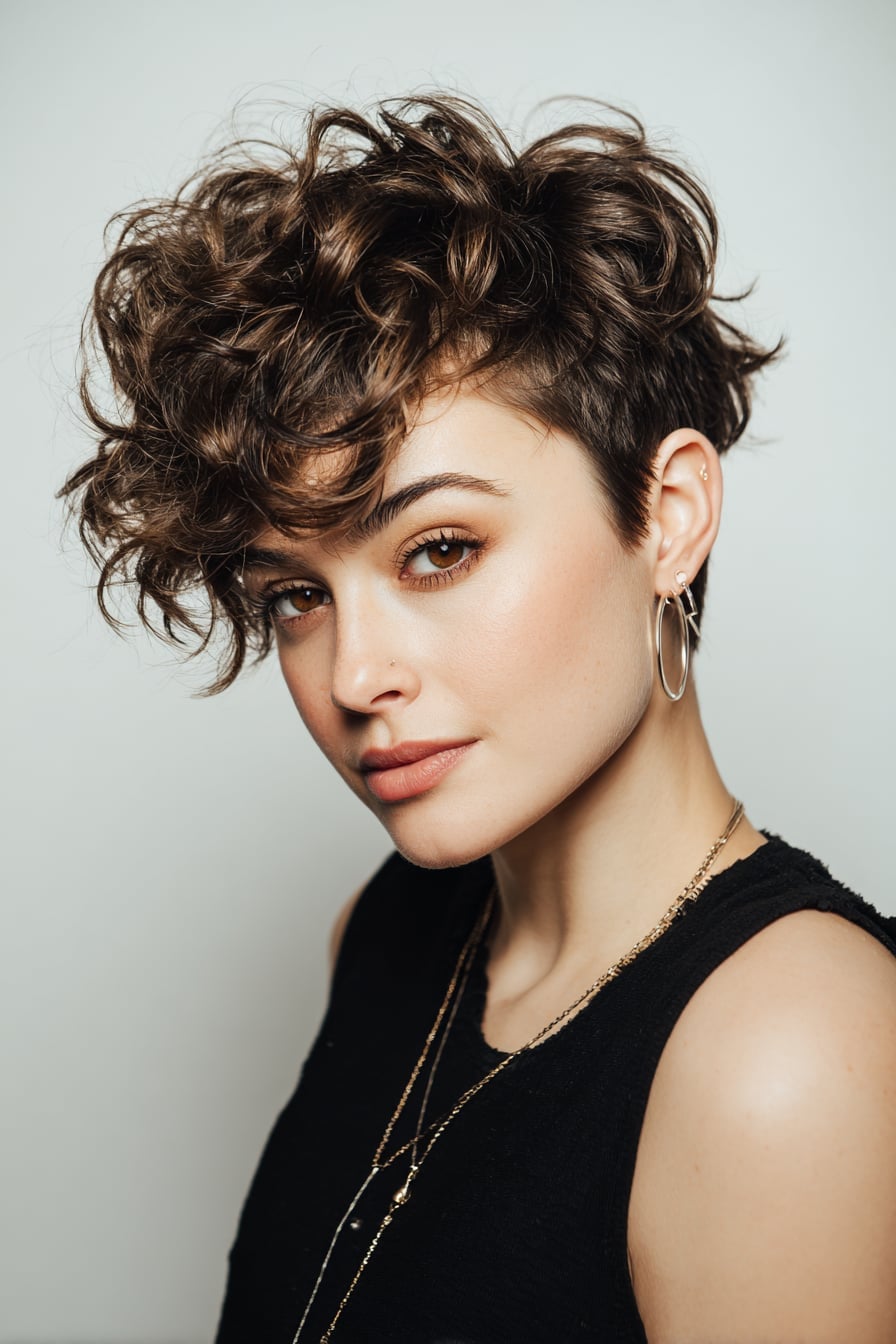 Voluminous Curly Dark Brown Pixie Voluminous Curly Dark Brown Pixie — Classy Asymmetrical Pixie