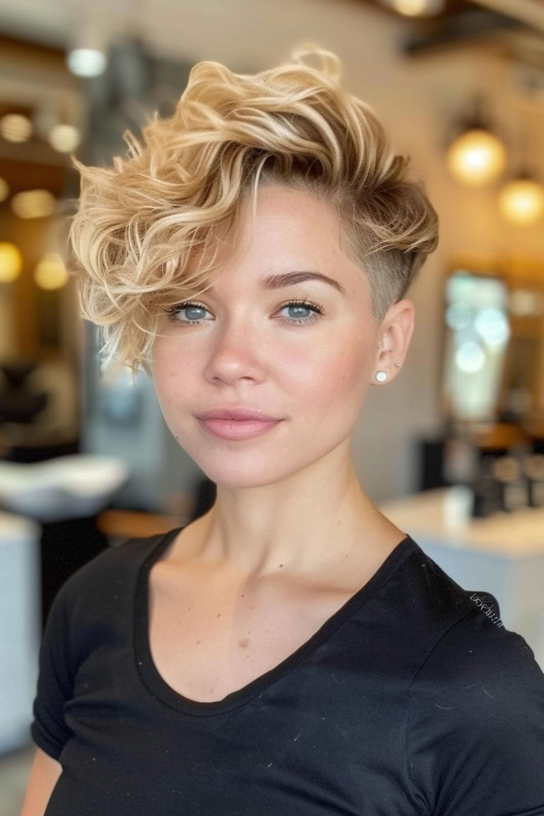 Honey Blonde Pixie With Asymmetrical Curly Fringe, Ear Honey Blonde Pixie With Asymmetrical Curly Fringe, Ear — Classy Asymmetrical Pixie