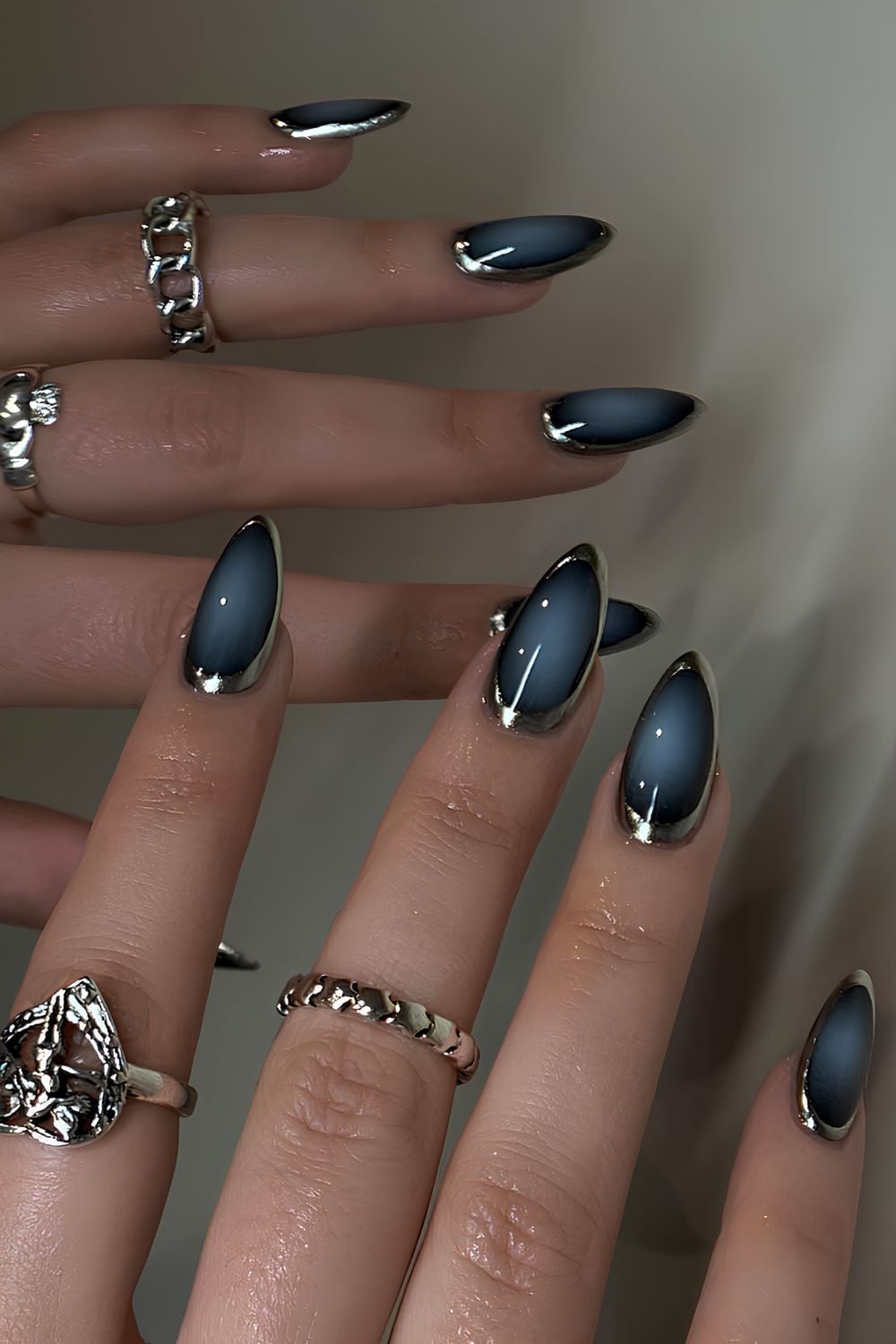 Dark Grey Chrome Edged Almond Aura Nails Dark Grey Chrome Edged Almond Aura Nails — Classy Aura Nails