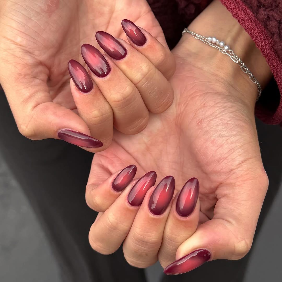Deep Red Pink Shimmer Aura Medium Almond Nails Deep Red Pink Shimmer Aura Medium Almond Nails — Classy Aura Nails