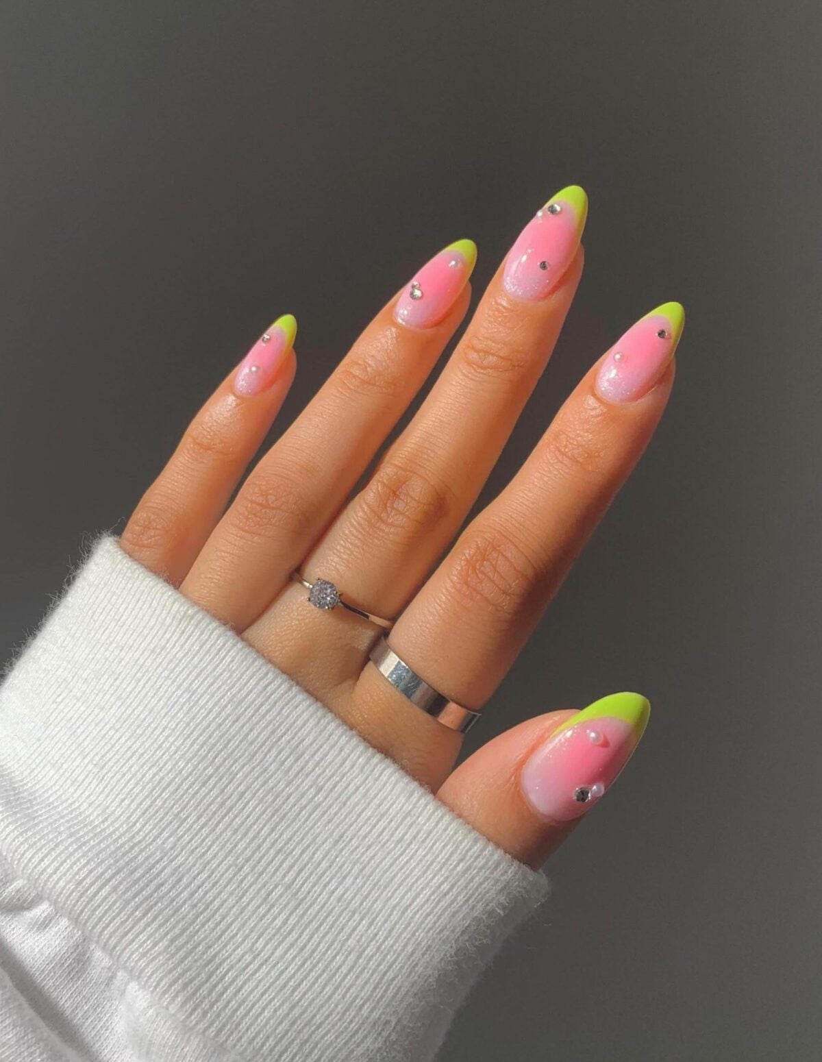 Soft Pink White Aura Medium Almond Nails, Close-Up Take Soft Pink White Aura Medium Almond Nails, Close-Up Take — Classy Aura Nails