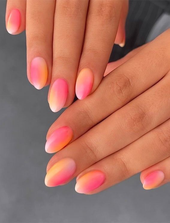 Pink Yellow White Gradient Short Oval Nails Pink Yellow White Gradient Short Oval Nails — Classy Aura Nails