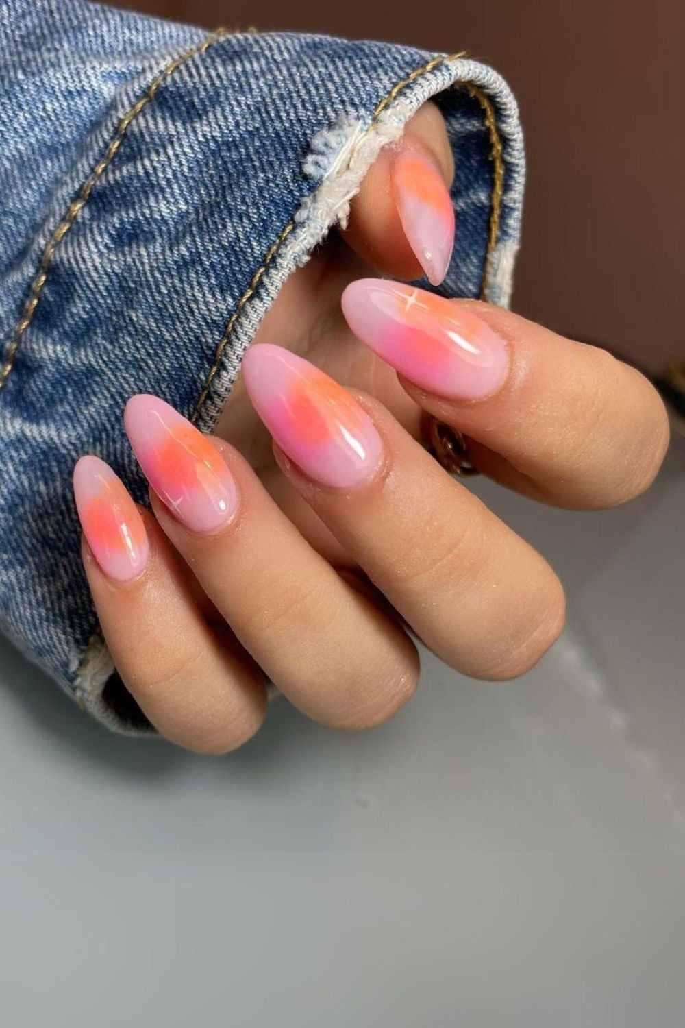 Light Pink Orange White Aura Medium Almond Nails Light Pink Orange White Aura Medium Almond Nails — Classy Aura Nails