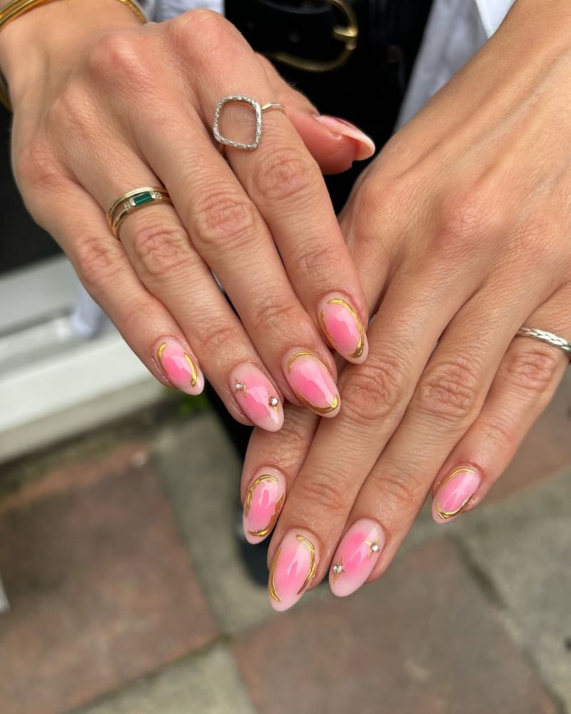 Pink White Aura Gold Line Medium Almond Nails Pink White Aura Gold Line Medium Almond Nails — Classy Aura Nails