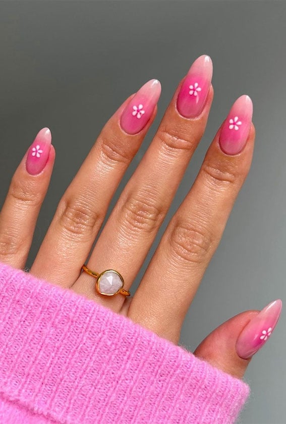 Pink White Floral Accent Medium Almond Nails Pink White Floral Accent Medium Almond Nails — Classy Aura Nails