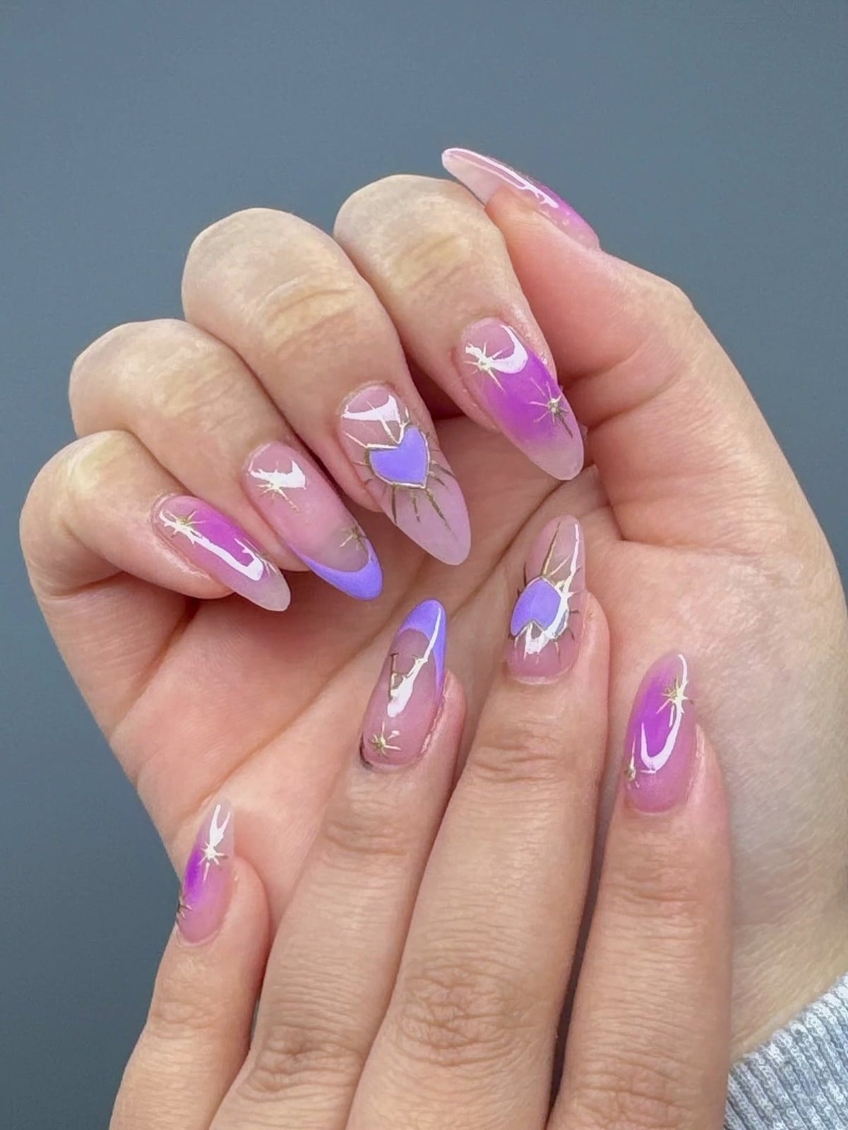 Sheer Pink Purple Heart Stars Almond Nails Sheer Pink Purple Heart Stars Almond Nails — Classy Aura Nails