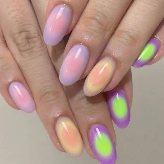 Pink Lavender Peach Gradient Medium Almond Nails Pink Lavender Peach Gradient Medium Almond Nails — Classy Aura Nails