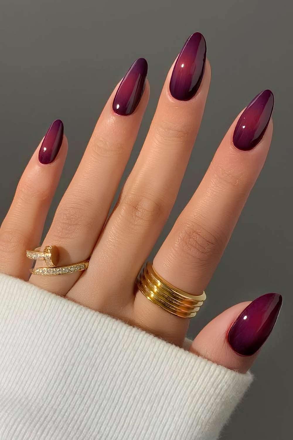 Deep Purple Pink Aura Medium Almond Nails Deep Purple Pink Aura Medium Almond Nails — Classy Aura Nails