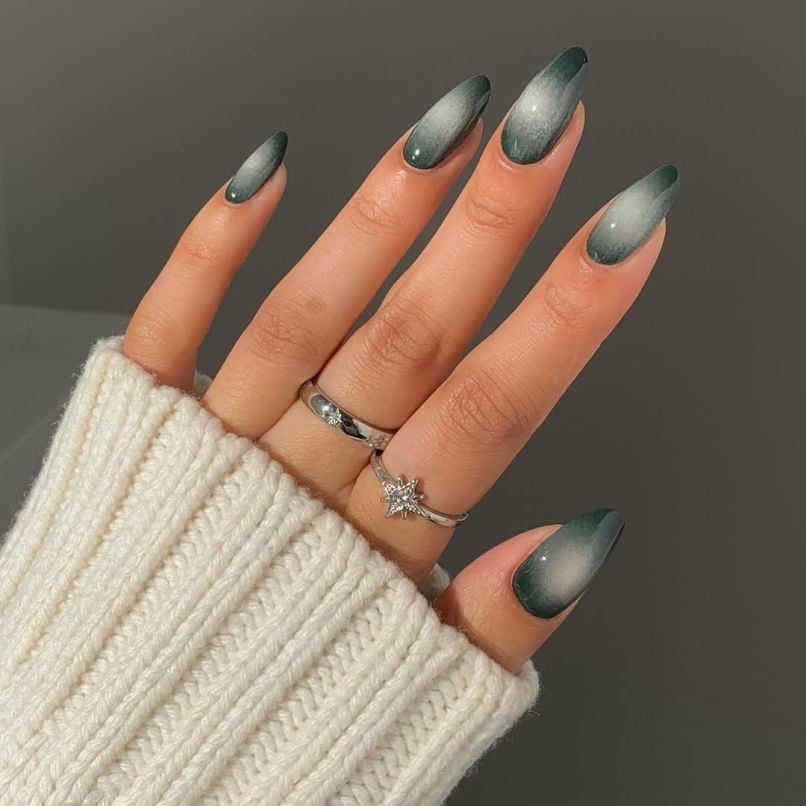 Dark Green White Aura Long Almond Nails Dark Green White Aura Long Almond Nails — Classy Aura Nails