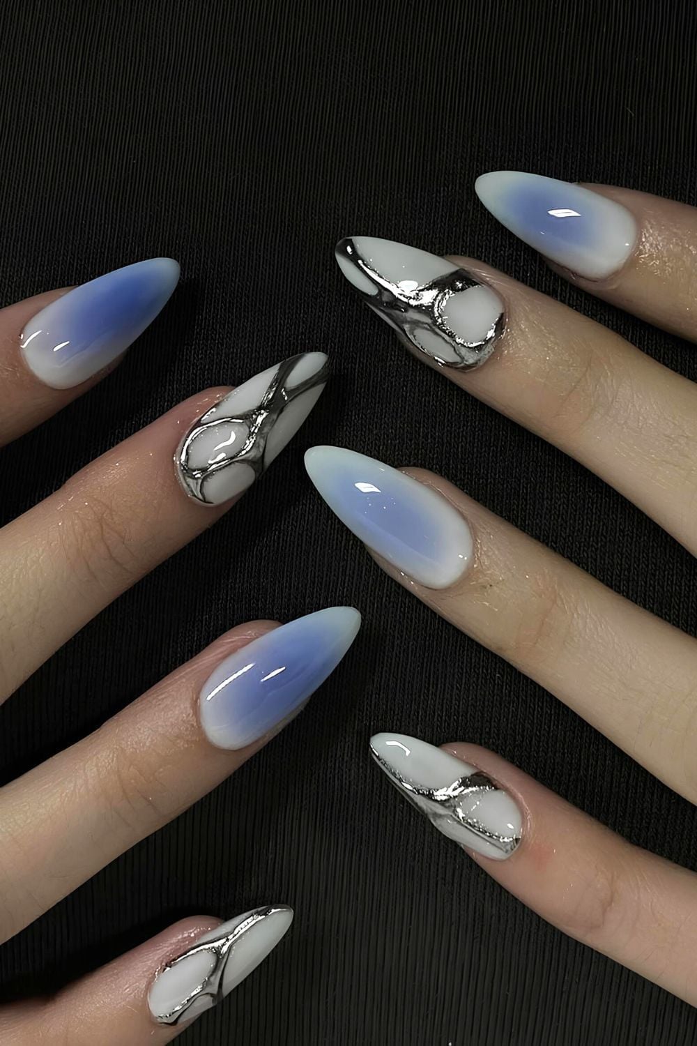 White Blue Aura Silver Foil Pointed Nails White Blue Aura Silver Foil Pointed Nails — Classy Aura Nails