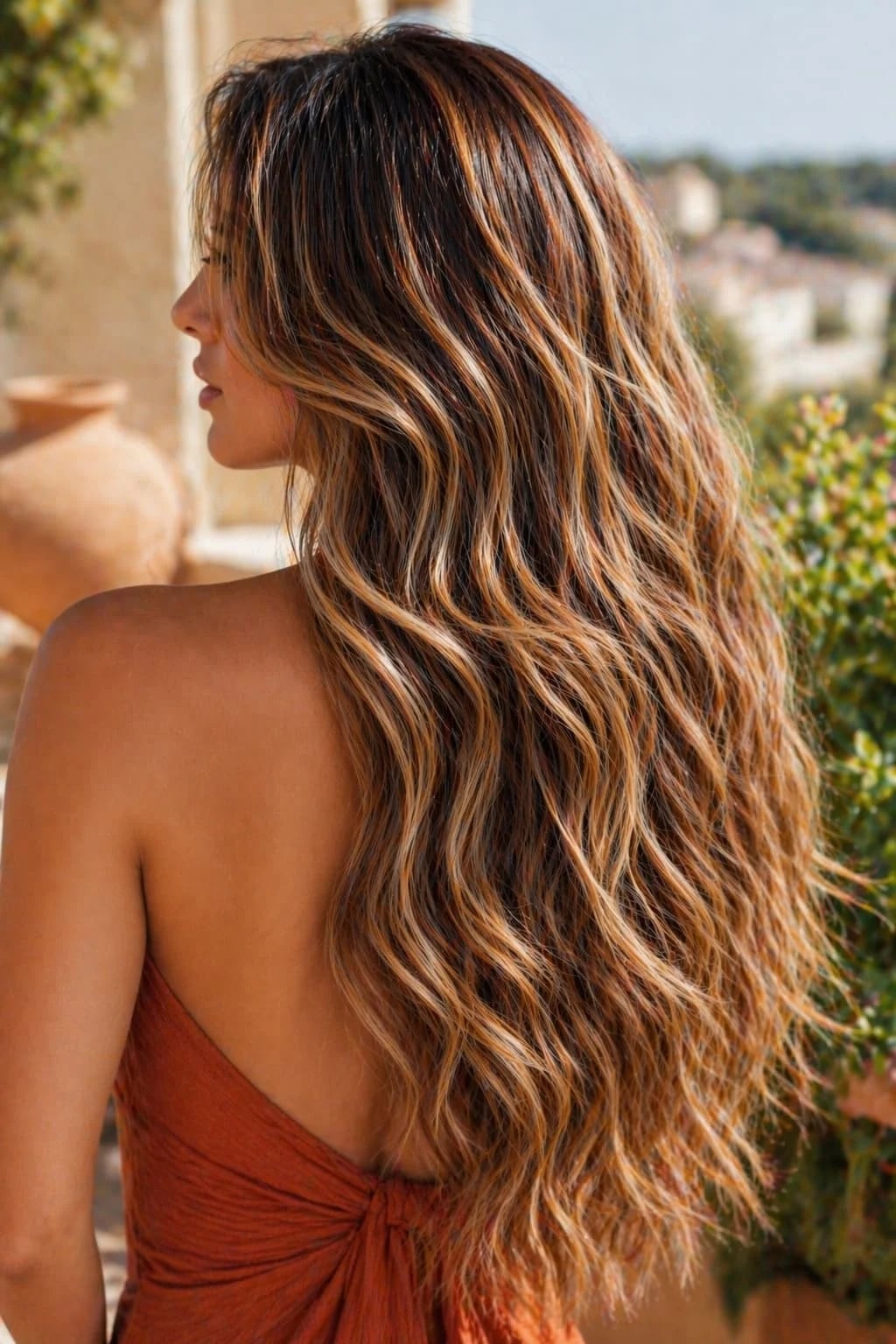 Wavy Brown and Blonde Balayage with Textured Dress Wavy Brown and Blonde Balayage with Textured Dress — Classy Babylights
