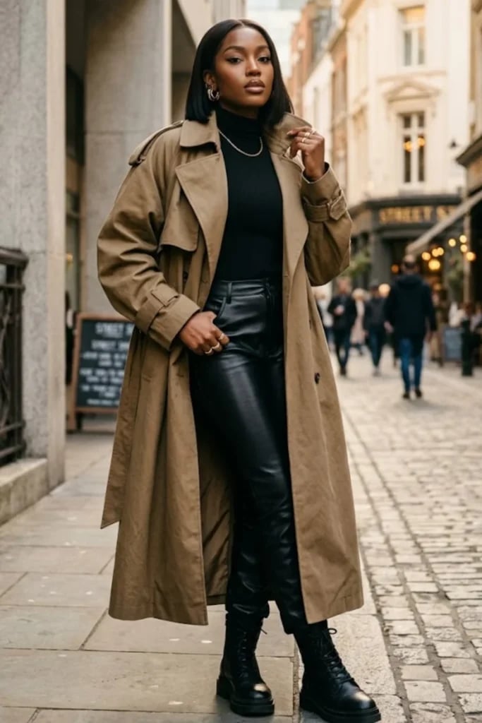 Brown Oversized Trench Coat with Black Leather, Office-Safe Version Brown Oversized Trench Coat with Black Leather, Office-Safe Version — Classy Baddie Outfits