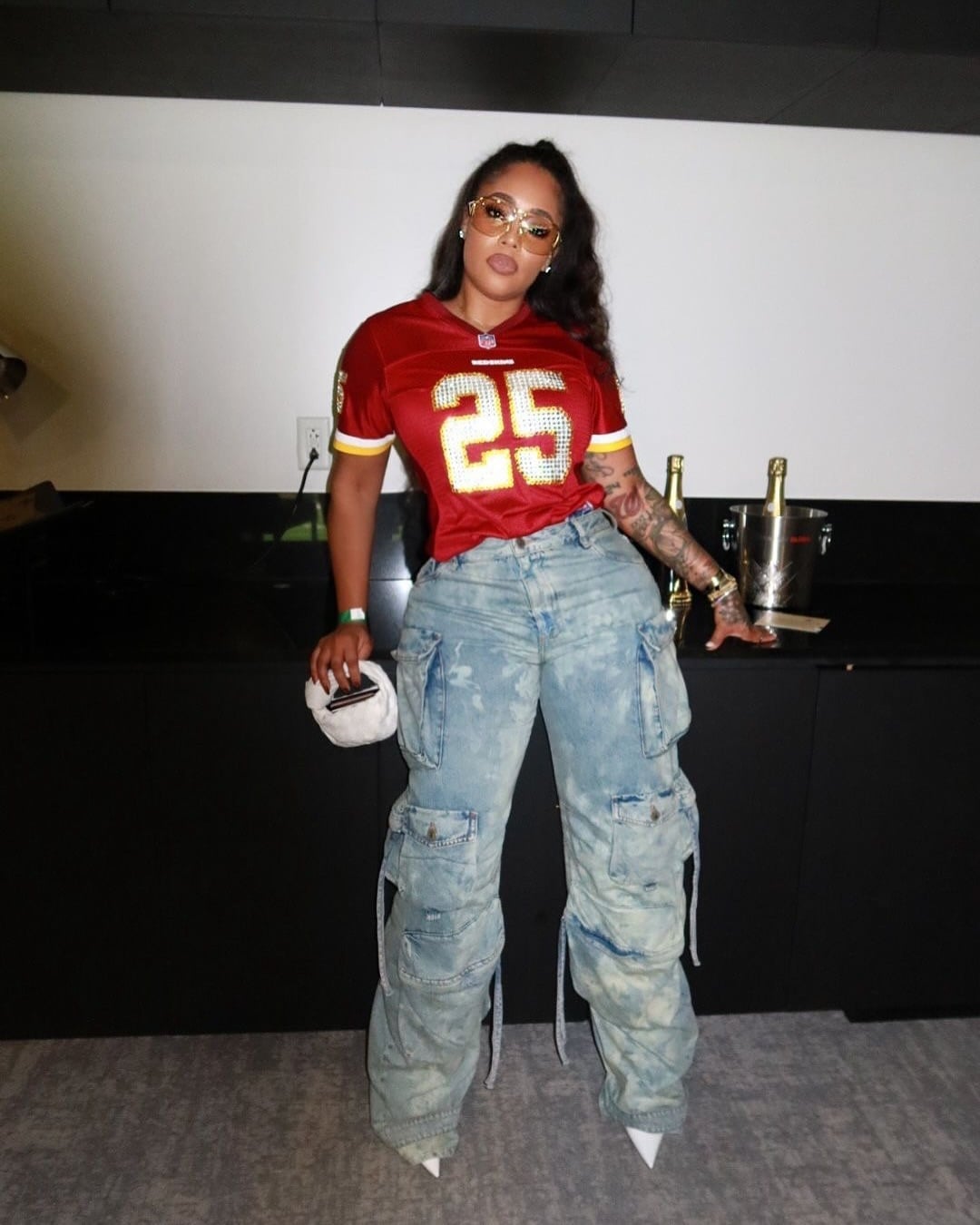 Red Football Jersey with Baggy Cargo Pants Red Football Jersey with Baggy Cargo Pants — Classy Baddie Outfits