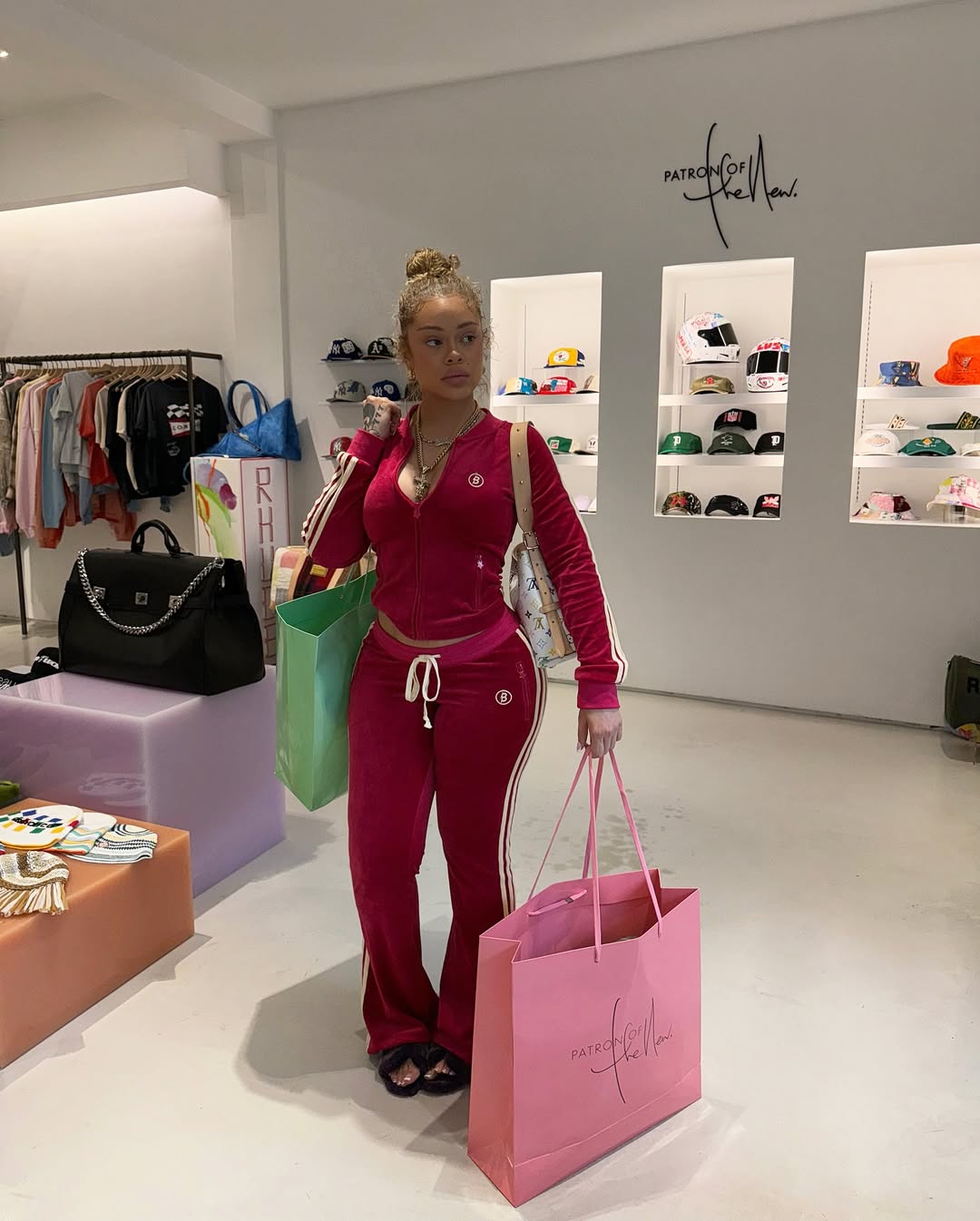 Fuchsia Velour Tracksuit for Casual Wear With Black Slides Classy Baddie Outfits