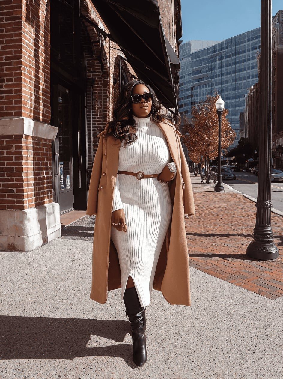 Camel Longline Coat Over a White Ribbed Dress and Black Boots Camel Longline Coat Over a White Ribbed Dress and Black Boots — Classy Baddie Outfits