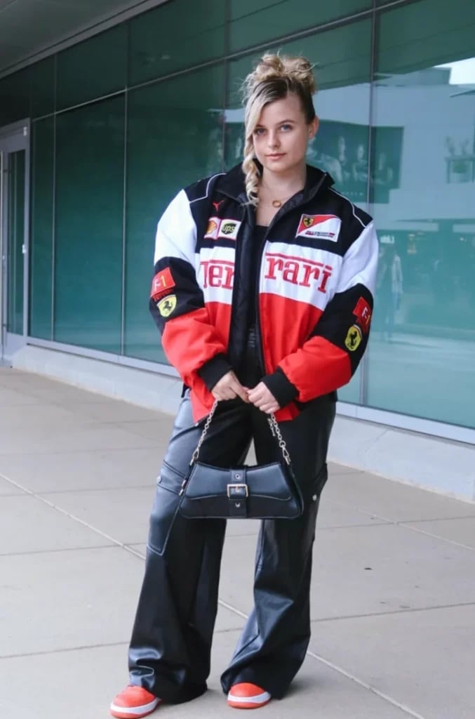 Racing Jacket with Wide-Leg Leather Pants and Black Tank Top Racing Jacket with Wide-Leg Leather Pants and Black Tank Top — Classy Baddie Outfits