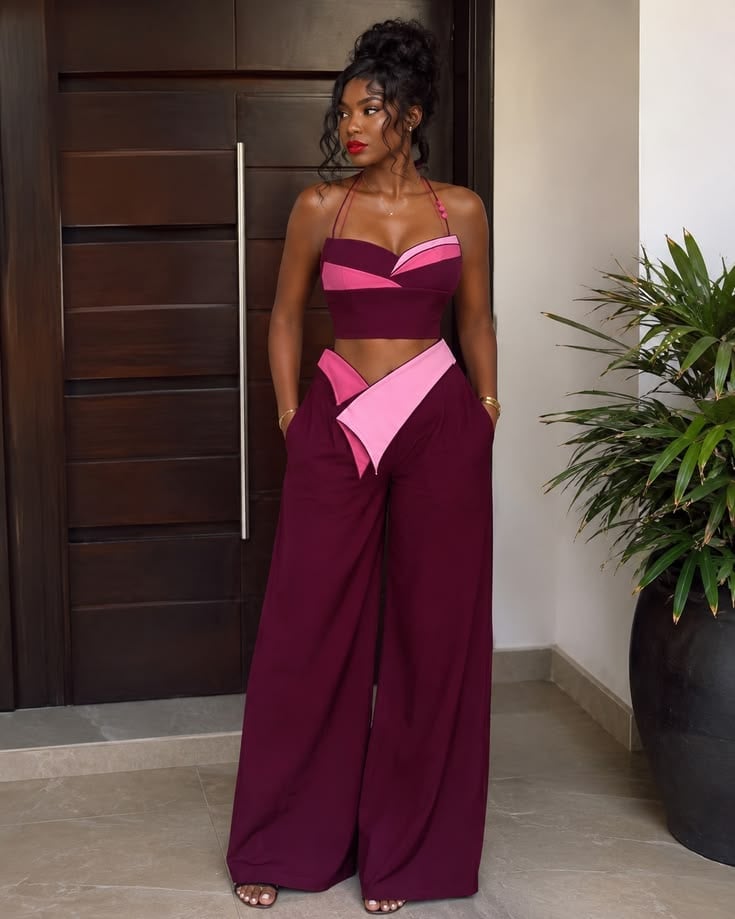 Pink Halter Crop Top with Burgundy Wide-Leg Pants Pink Halter Crop Top with Burgundy Wide-Leg Pants — Classy Baddie Outfits