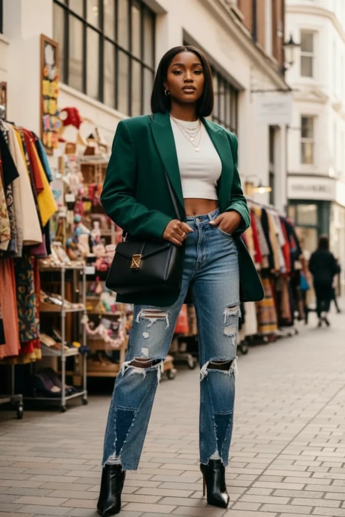 Green Oversized Blazer with Ripped Jeans, Office-Safe Version Green Oversized Blazer with Ripped Jeans, Office-Safe Version — Classy Baddie Outfits