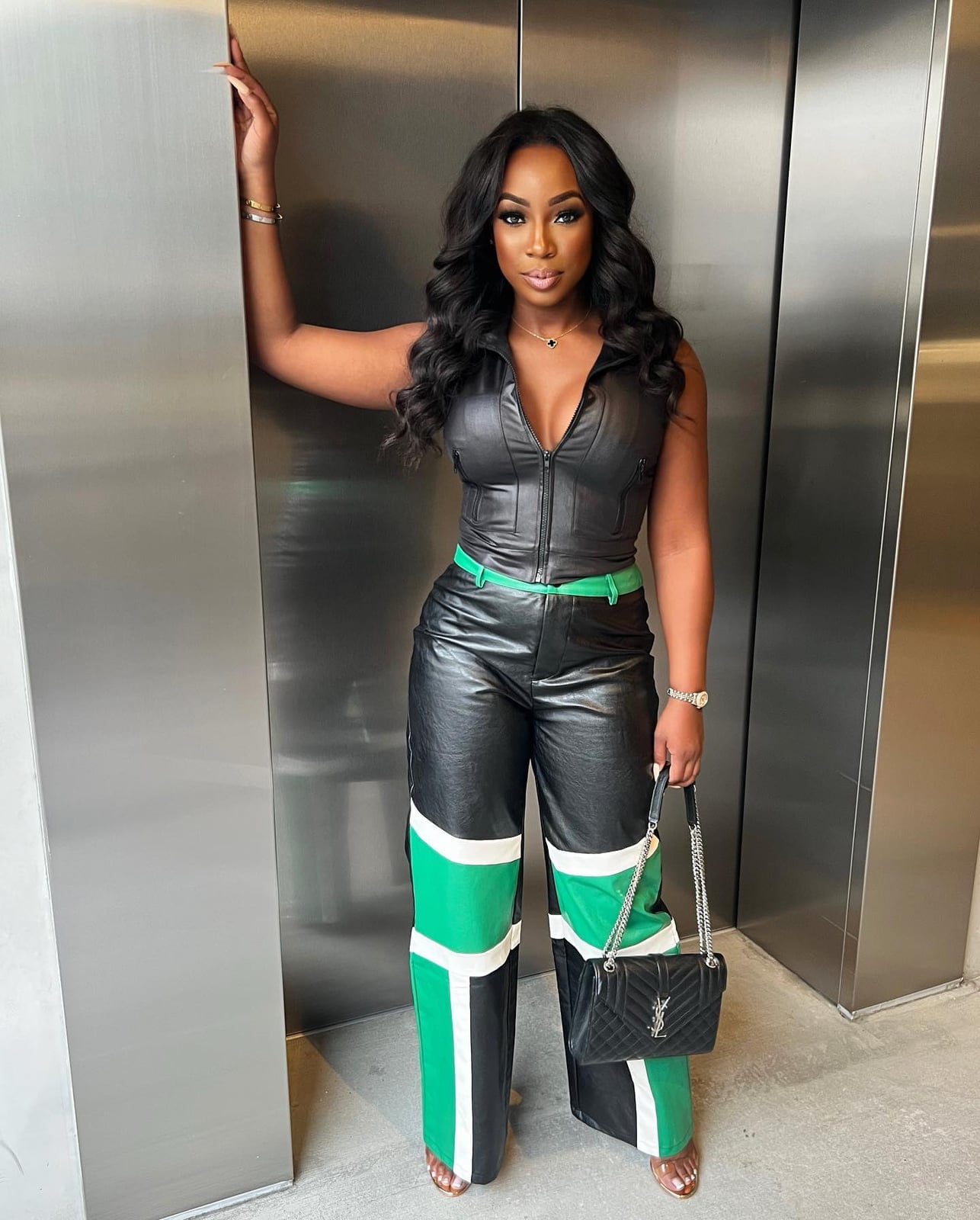 Black Zip-Up Top with Color-Blocked Leather Pants Black Zip-Up Top with Color-Blocked Leather Pants — Classy Baddie Outfits